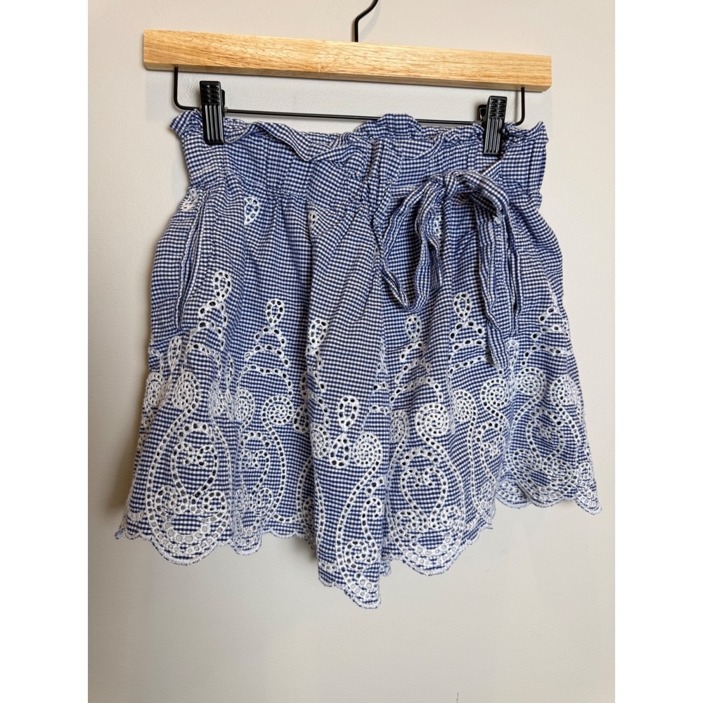 Zara M Blue White Gingham Embroidered Eyelet Scallop High Rise Cotton Shorts